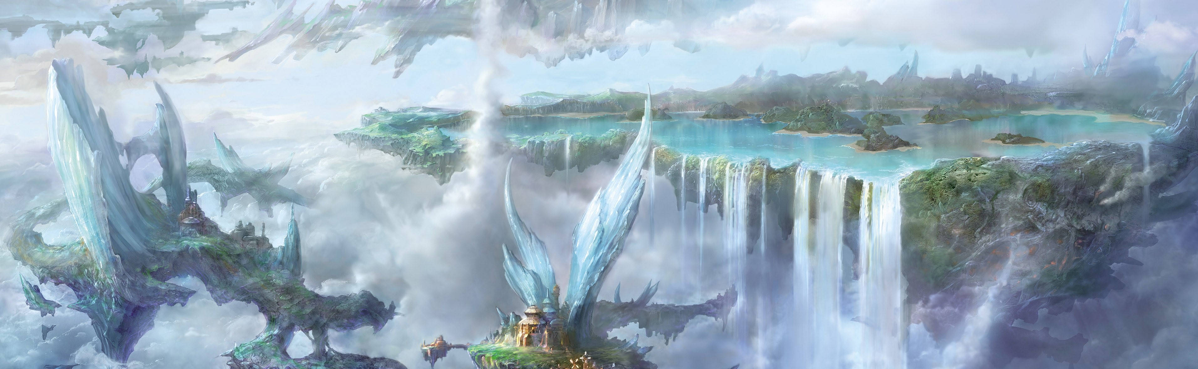 A Fantasy Painting Of A Waterfall And A Castle Wallpaper