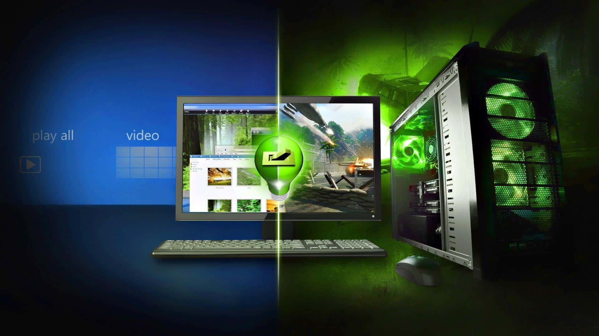 A Computer With Green Screen And A Green Screen