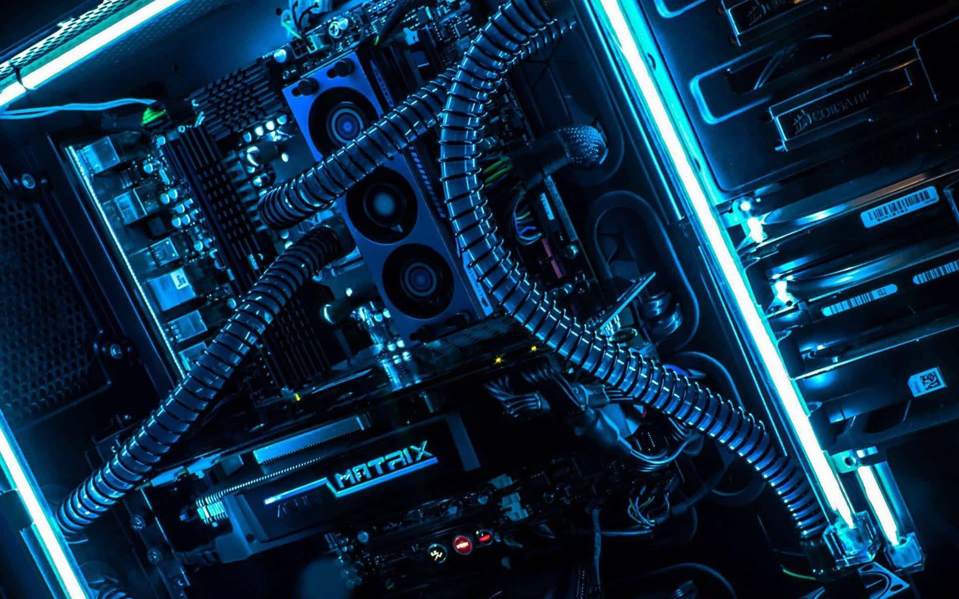 A Computer Case With Blue Lights And Cables