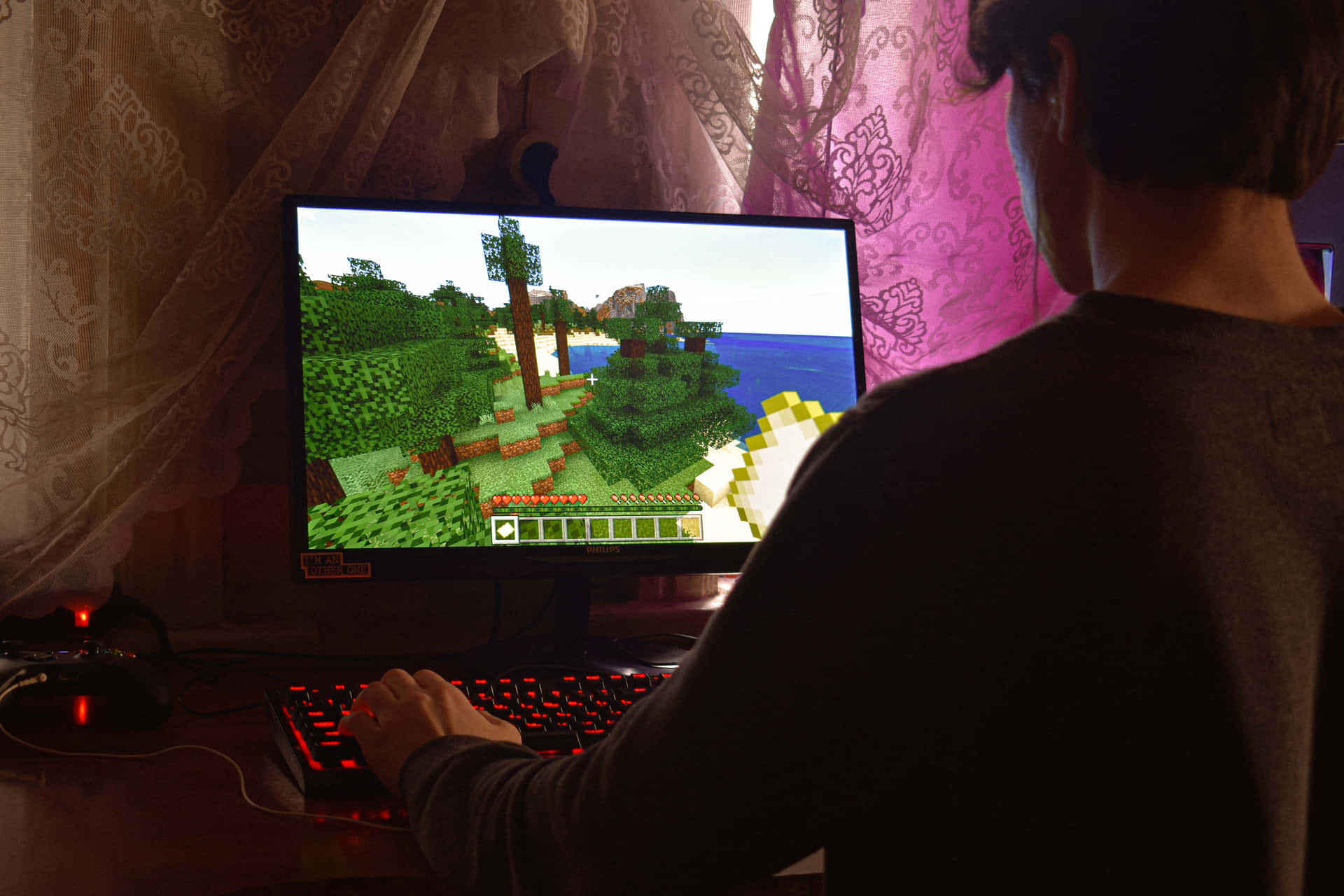 Unhombre Está Jugando Minecraft En Una Computadora