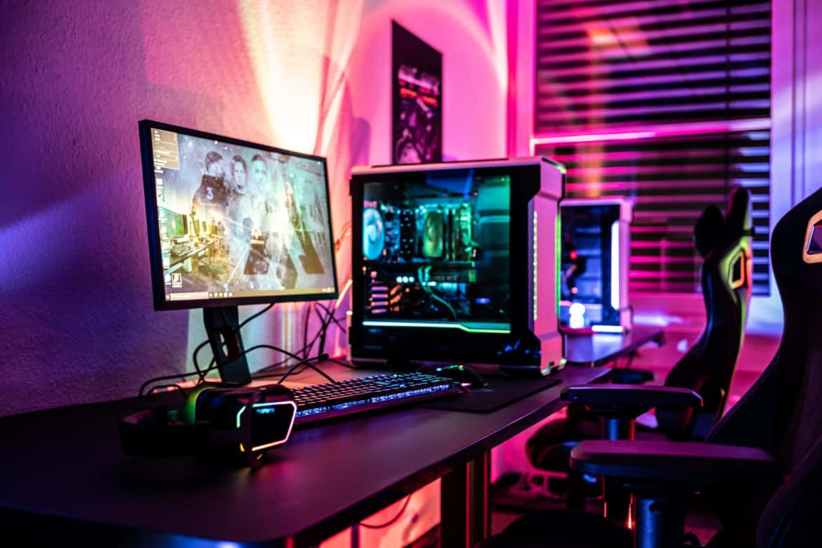 Gaming PC Setup With Pink Lights Picture