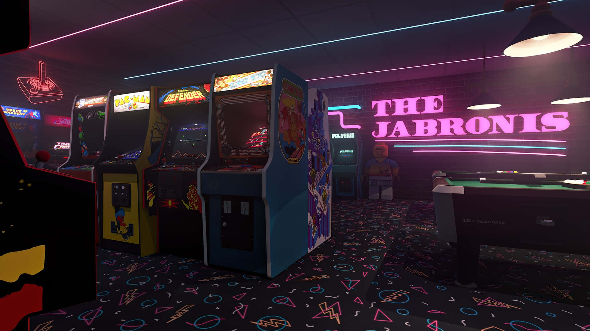 A Video Game Room With Neon Lights And Arcade Machines