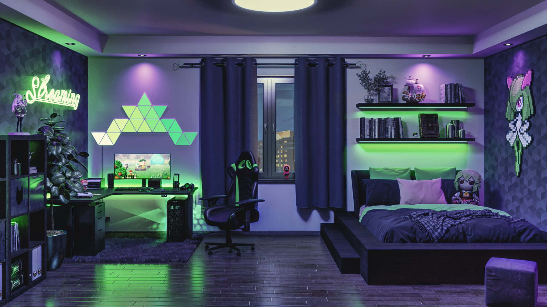 A Bedroom With Green And Purple Lighting