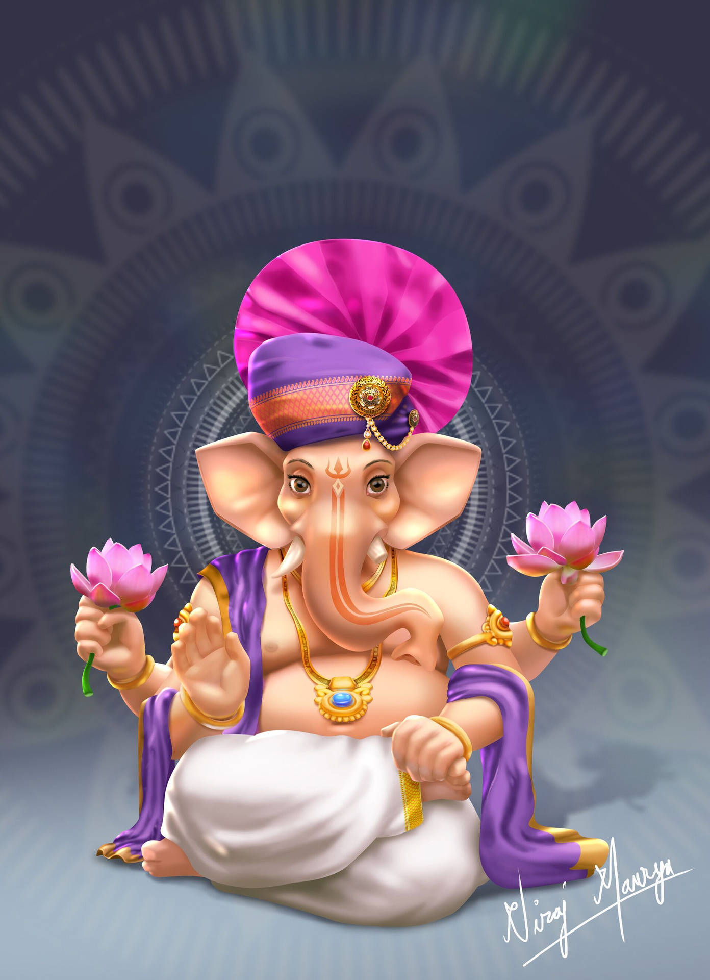 Ganesh 3d In Purple Turban