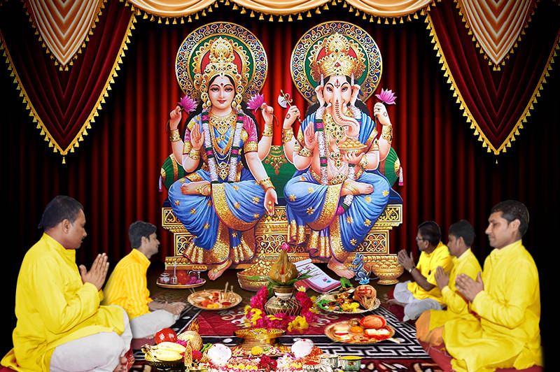Golden Frame Wallpaper - Ganesh & Lakshmi tilbedt guldramme tapet Wallpaper