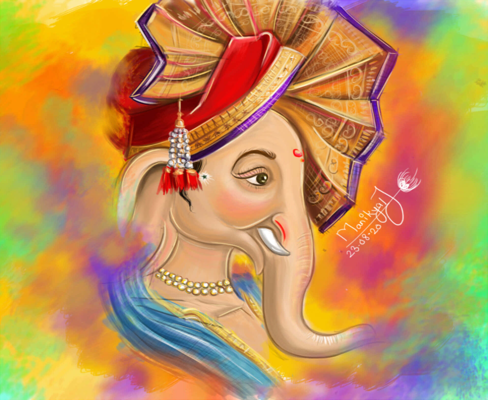 Ganeshaen Una Pintura Colorida Con Un Fondo Colorido.