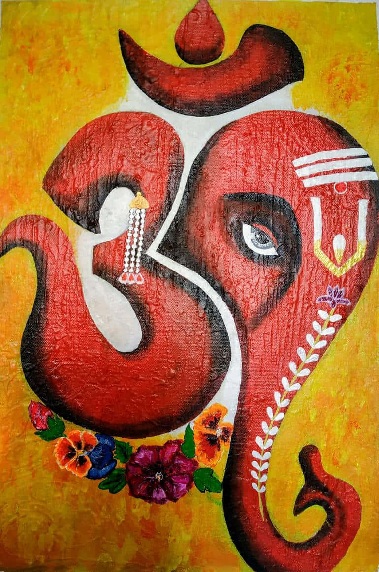Ganesha Painting, Acrylic On Canvas, Red Color