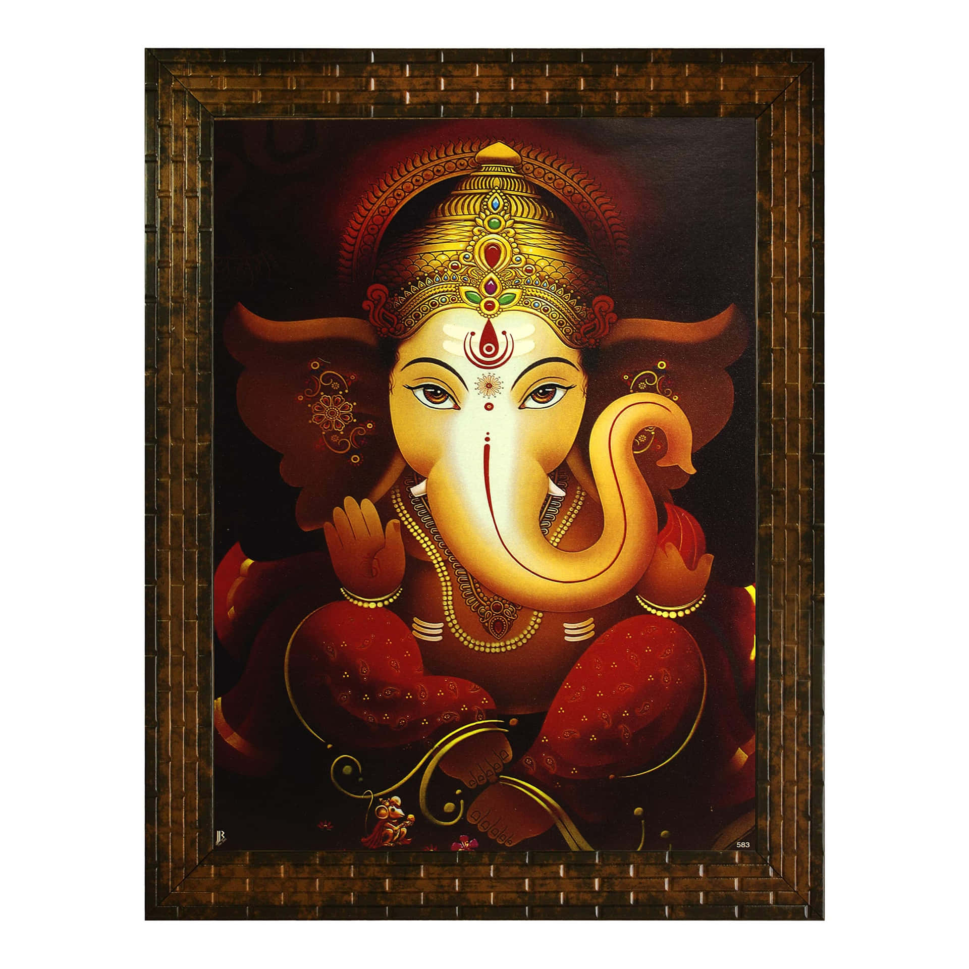 Eninramad Målning Av Ganesh I Rött Och Guld