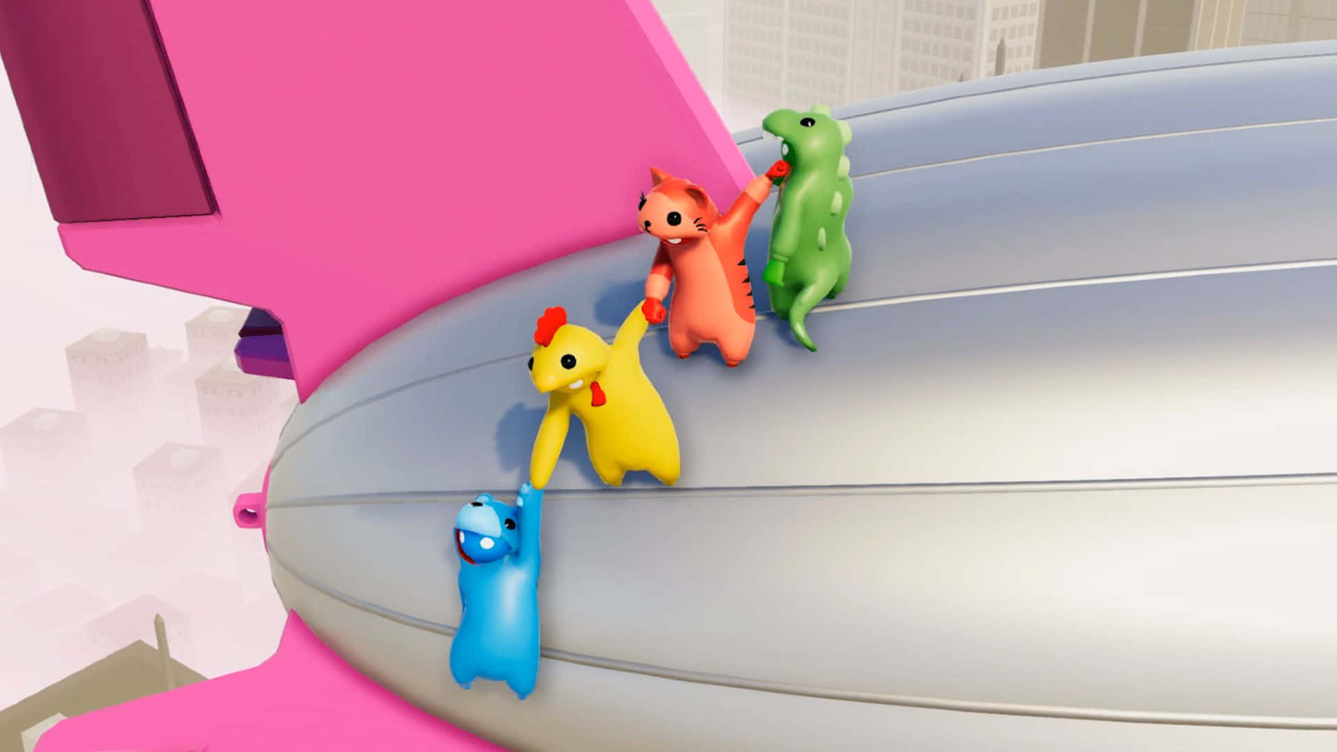 A Group Of Colorful Animals Are Standing On Top Of A Pink Balloon Wallpaper