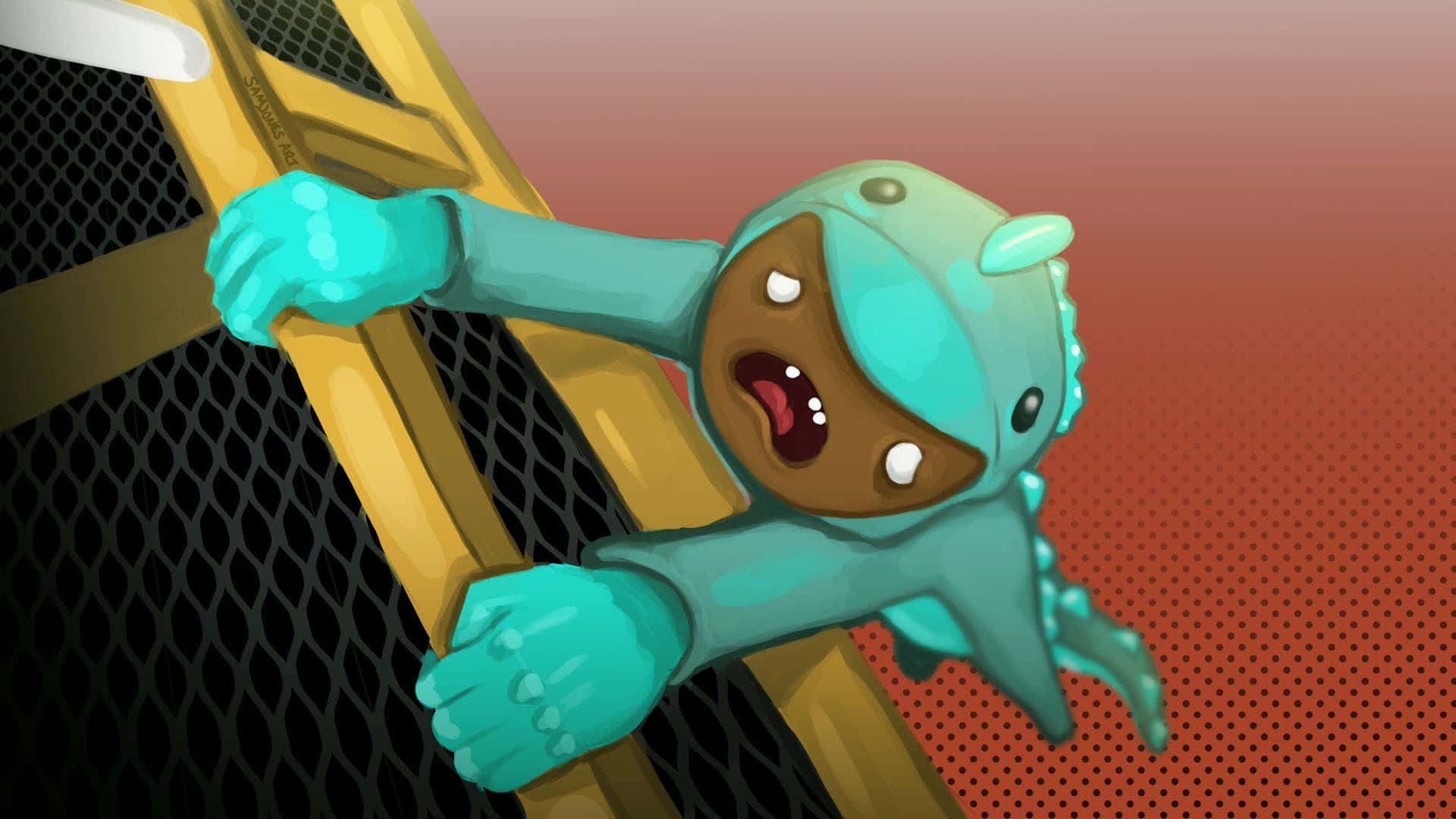 Umpersonagem De Desenho Animado Azul E Amarelo Escalando Uma Escada. Papel de Parede