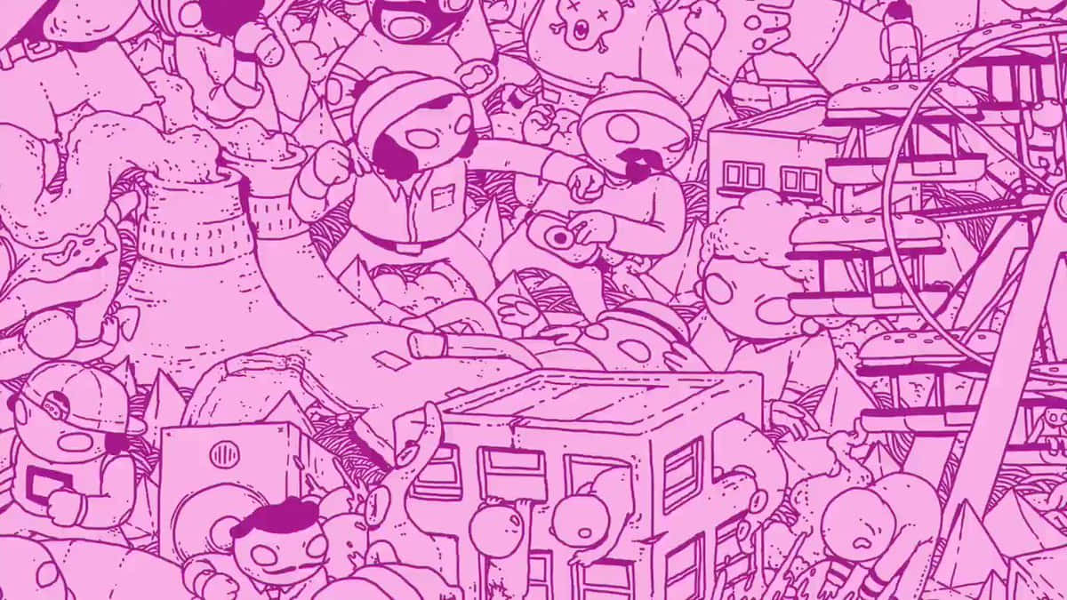 A Pink Drawing Of A Crowd Of People Wallpaper