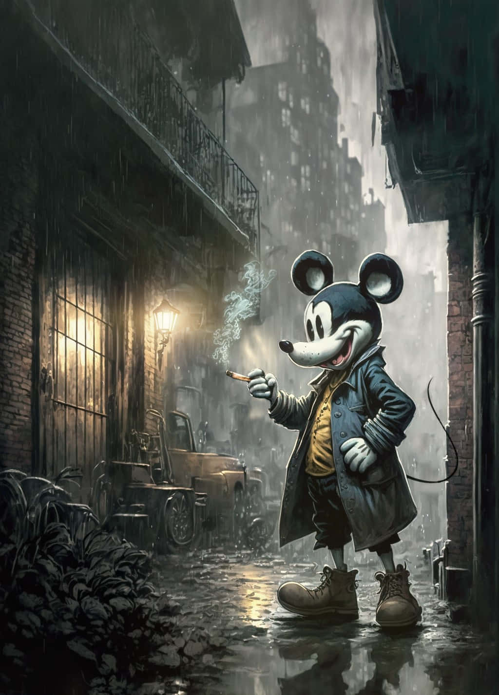 Gangster Mickey Mouse In Regenachtige Steeg Achtergrond