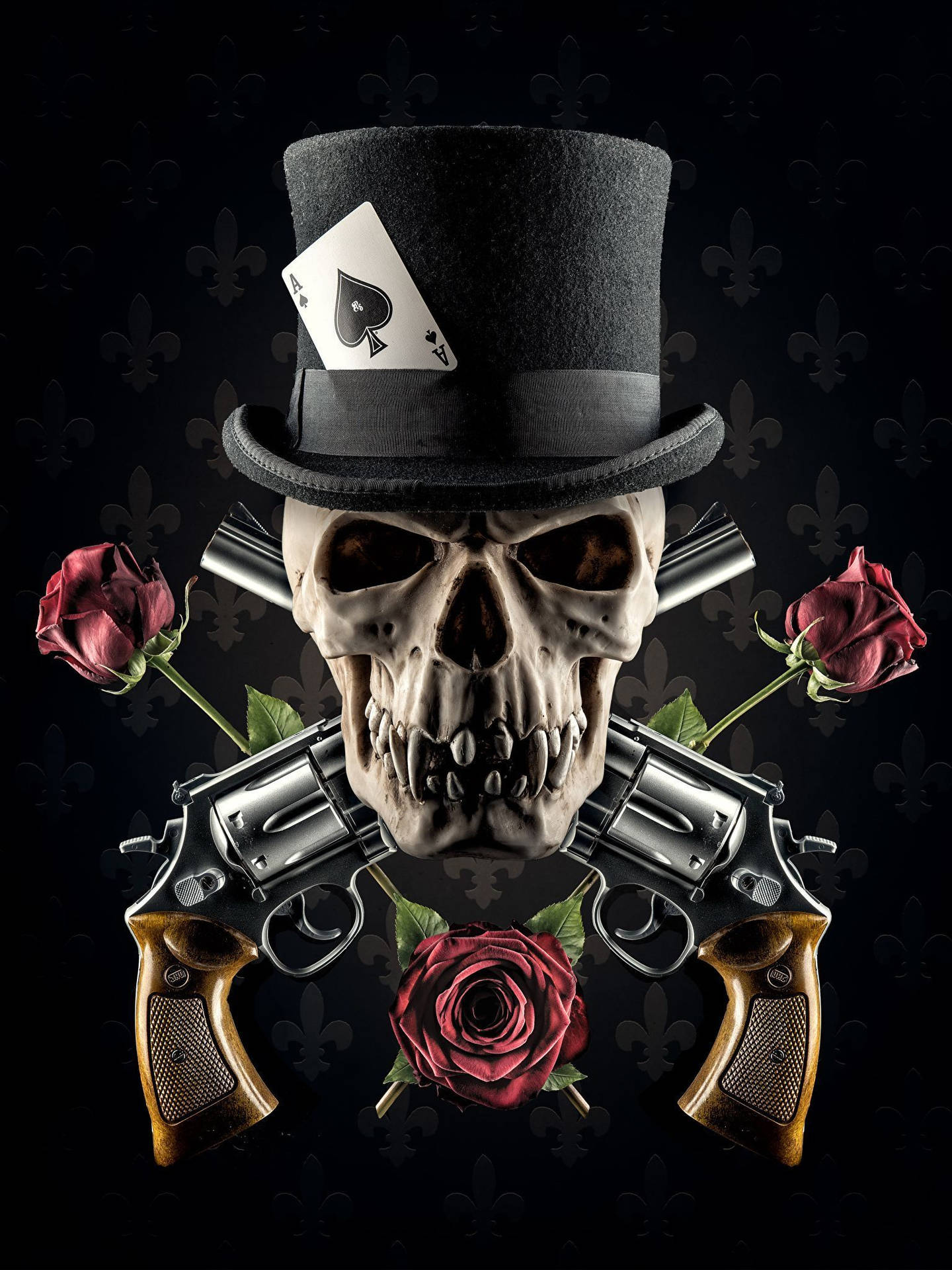 Gangster Skeleton With Guns And Roses Wallpaper