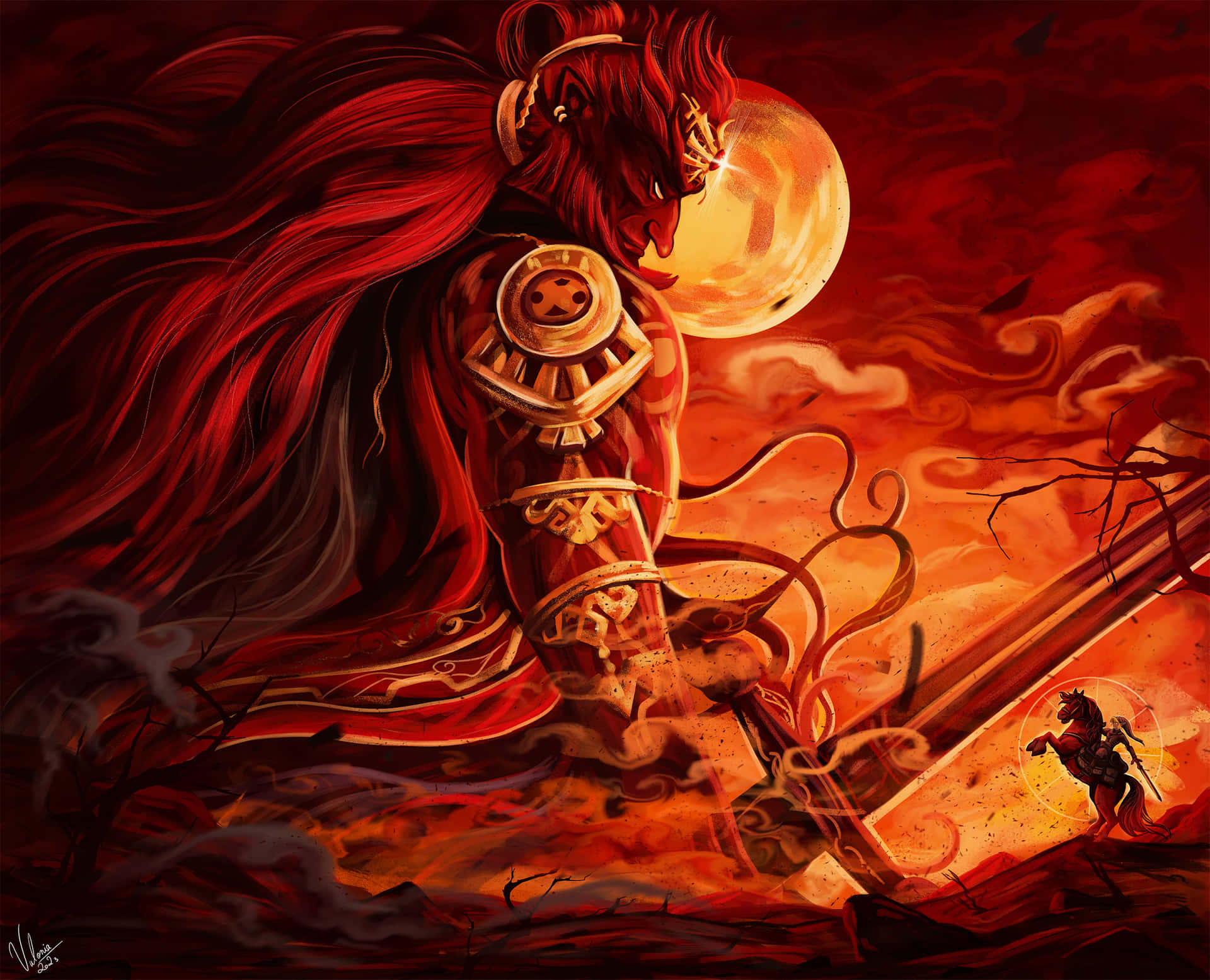 The powerful Ganondorf looms over a dark, fiery landscape in this stunning video game artwork. Wallpaper