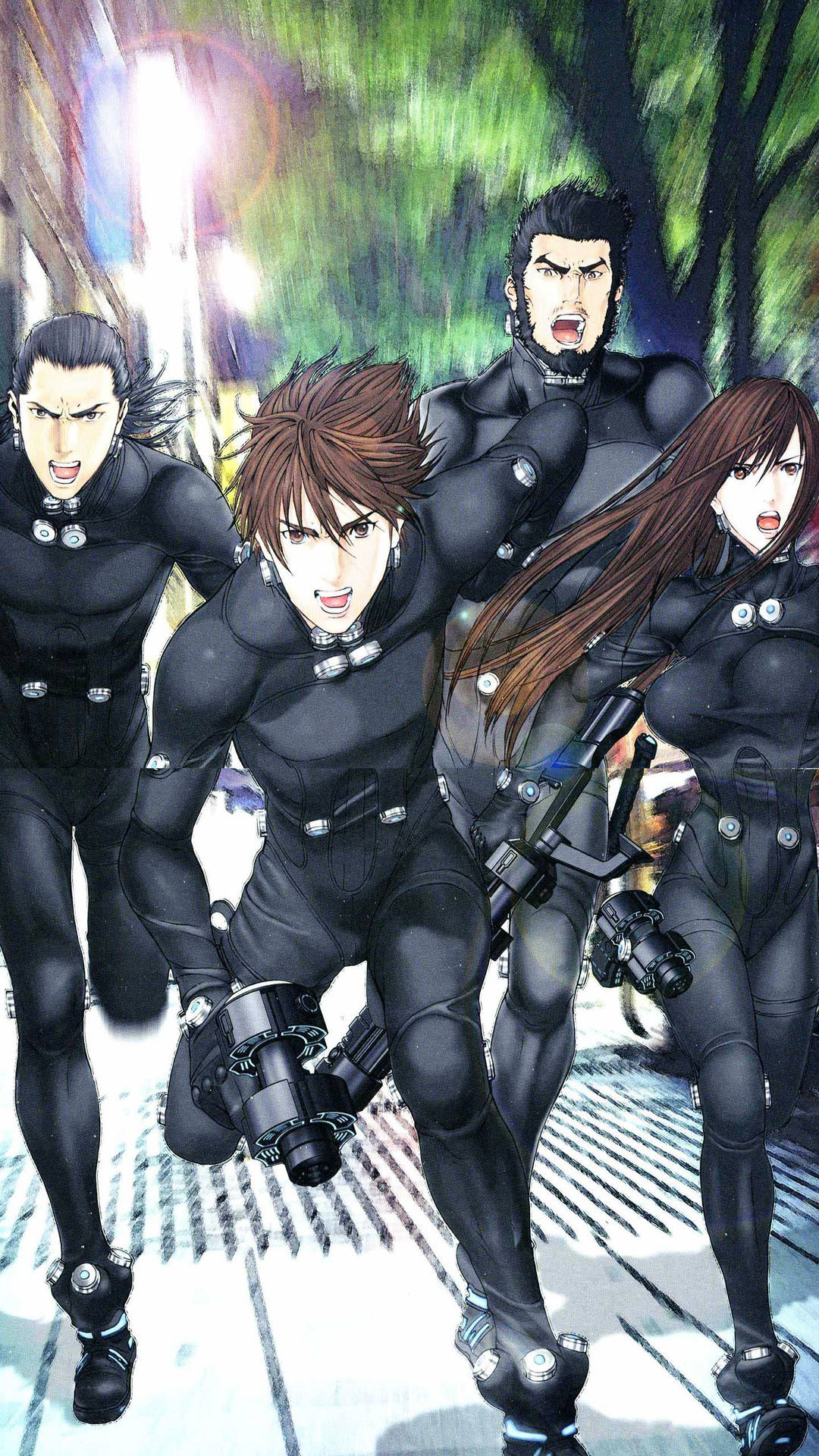 Gantz Characters Running On Streets Background