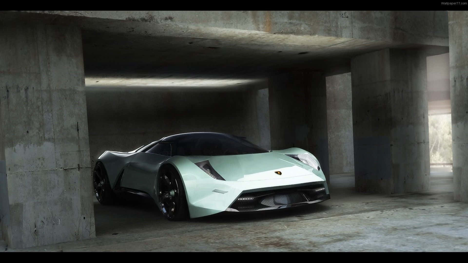 A Green Sports Car Is Parked In A Concrete Garage
