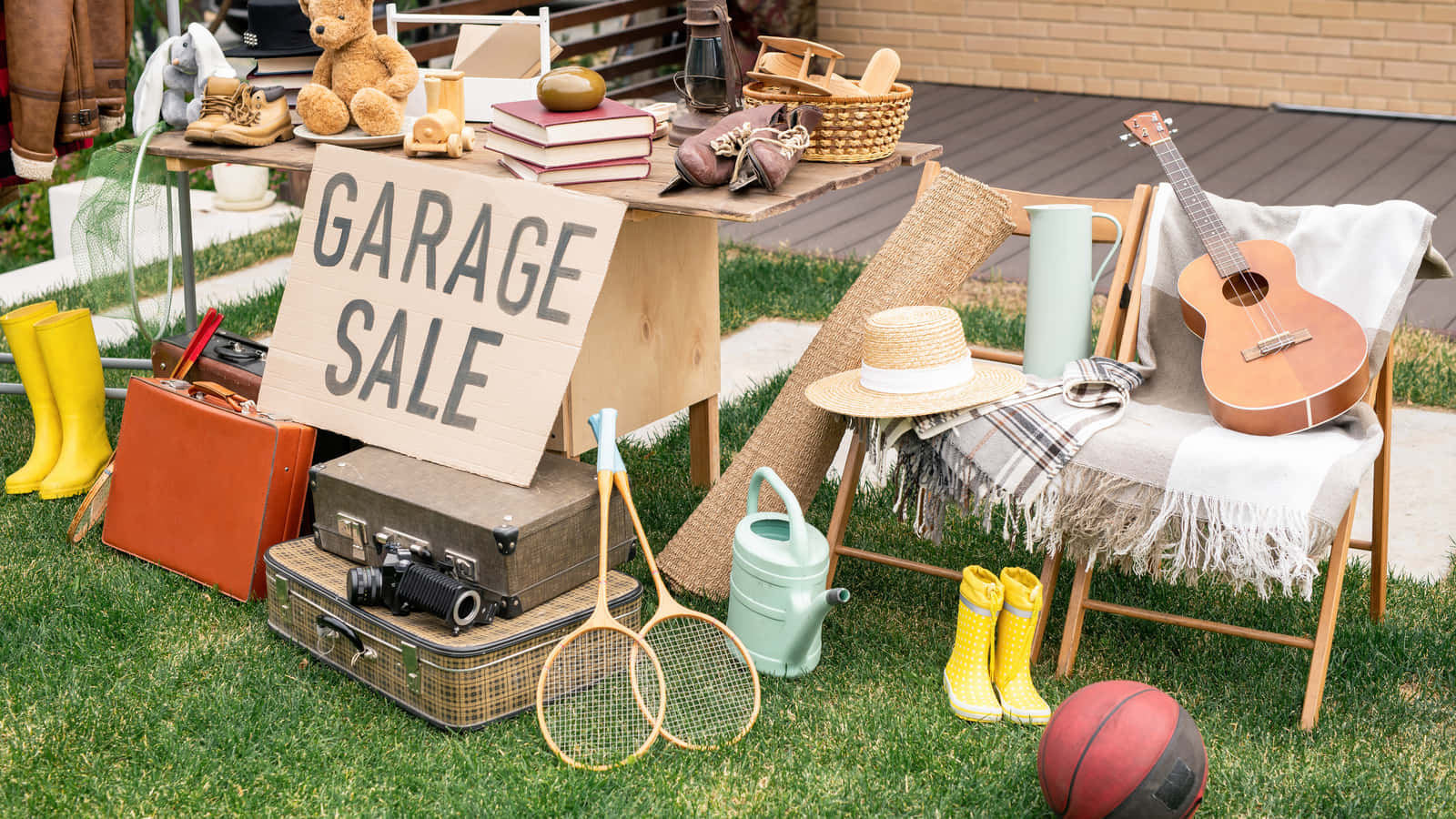 A Yard Sale With A Sign And A Lot Of Items