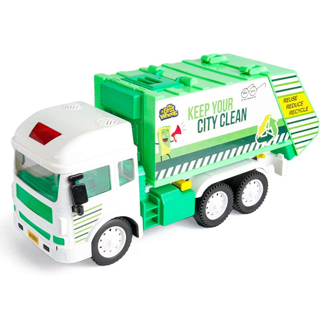 A Green Garbage Truck With A White Background