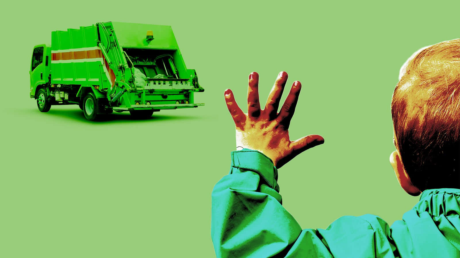 A Child Is Reaching Out To A Green Garbage Truck