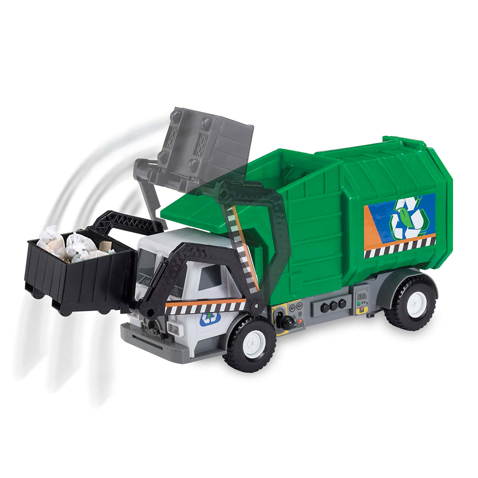 A Toy Garbage Truck With A Garbage Bag