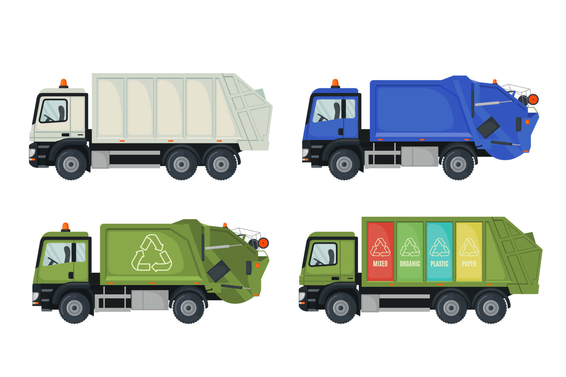 four different garbage trucks with different colors