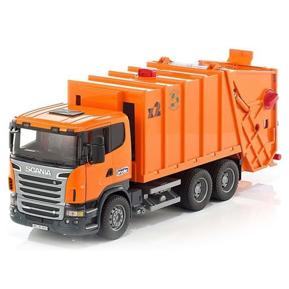 A Toy Garbage Truck Is Shown On A White Background