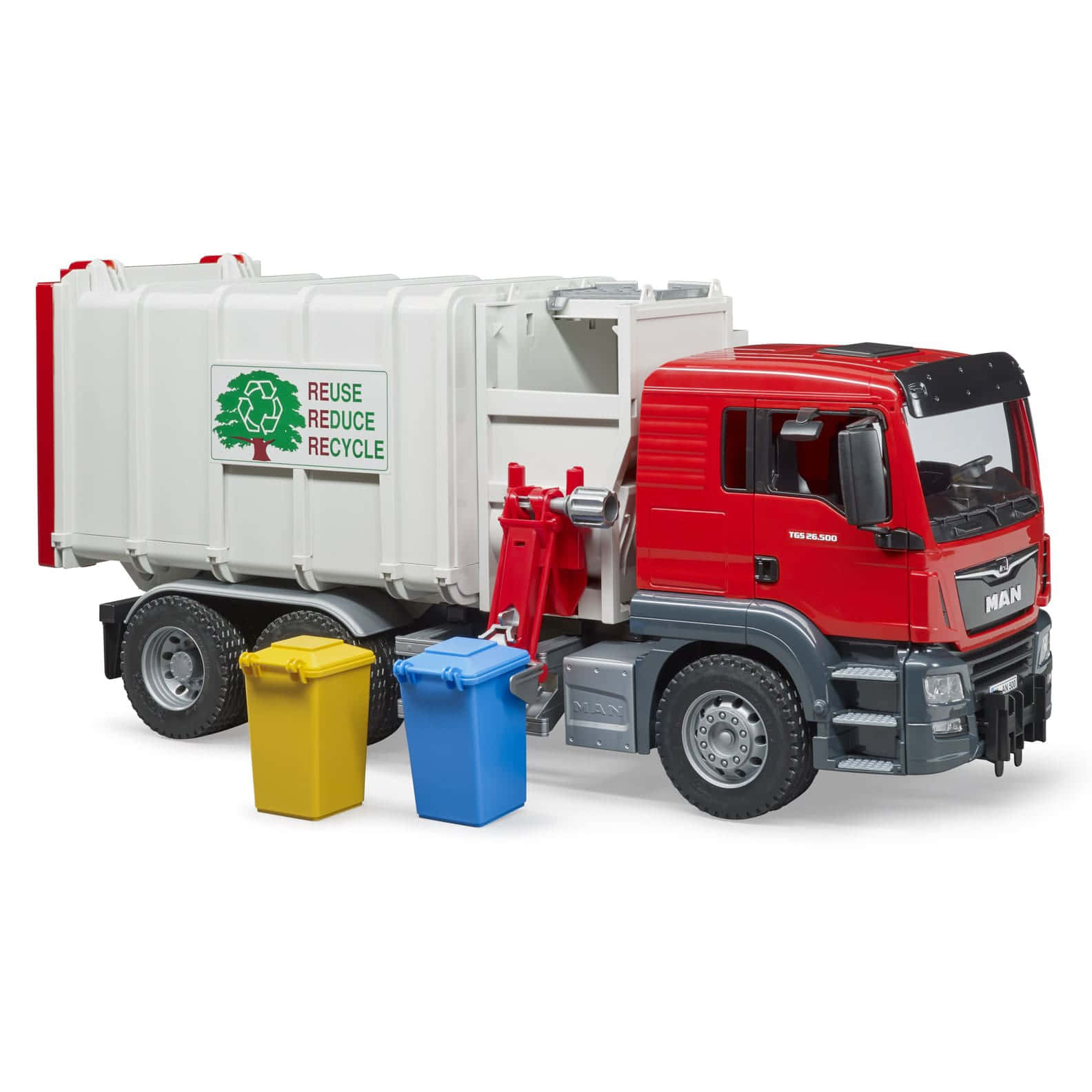 A Toy Garbage Truck With A Trash Can