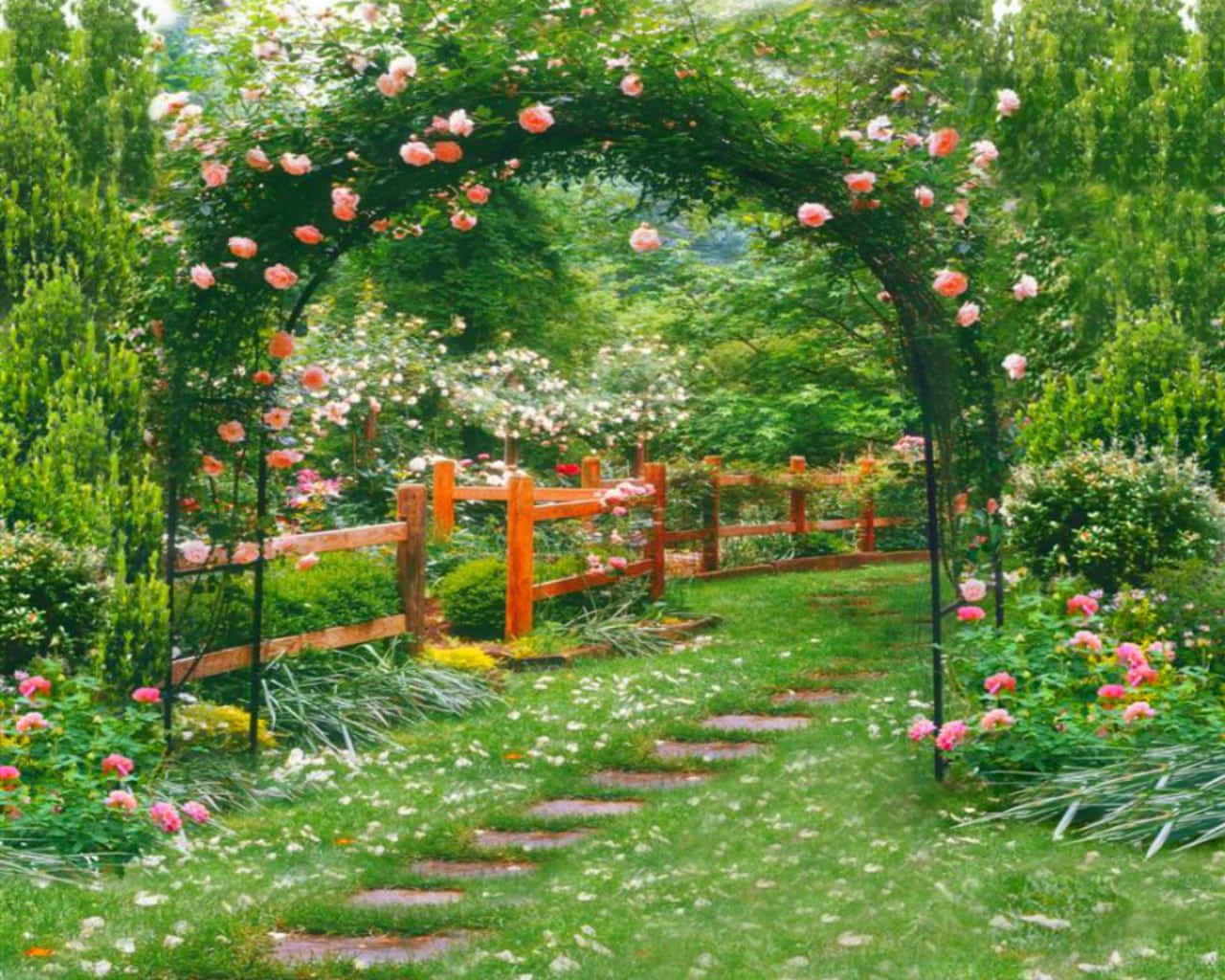 a garden with a pathway and roses
