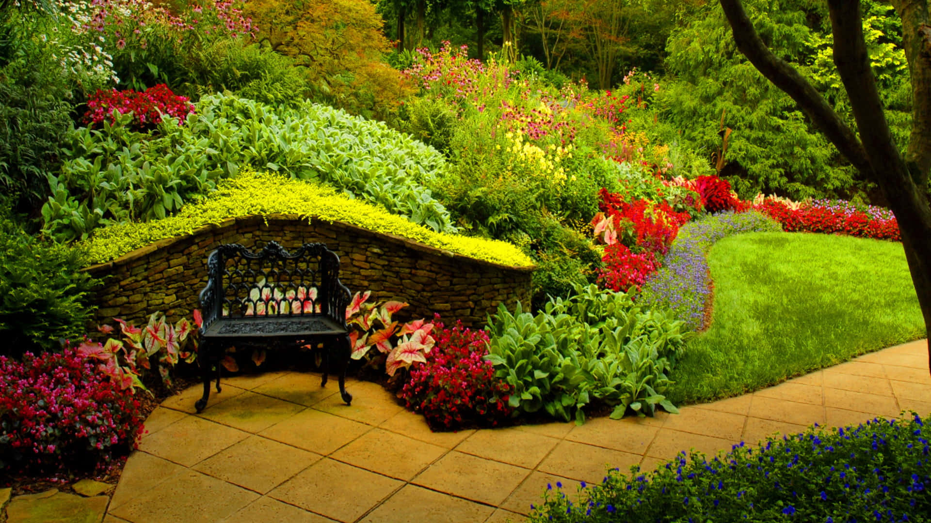 a bench is sitting in a garden