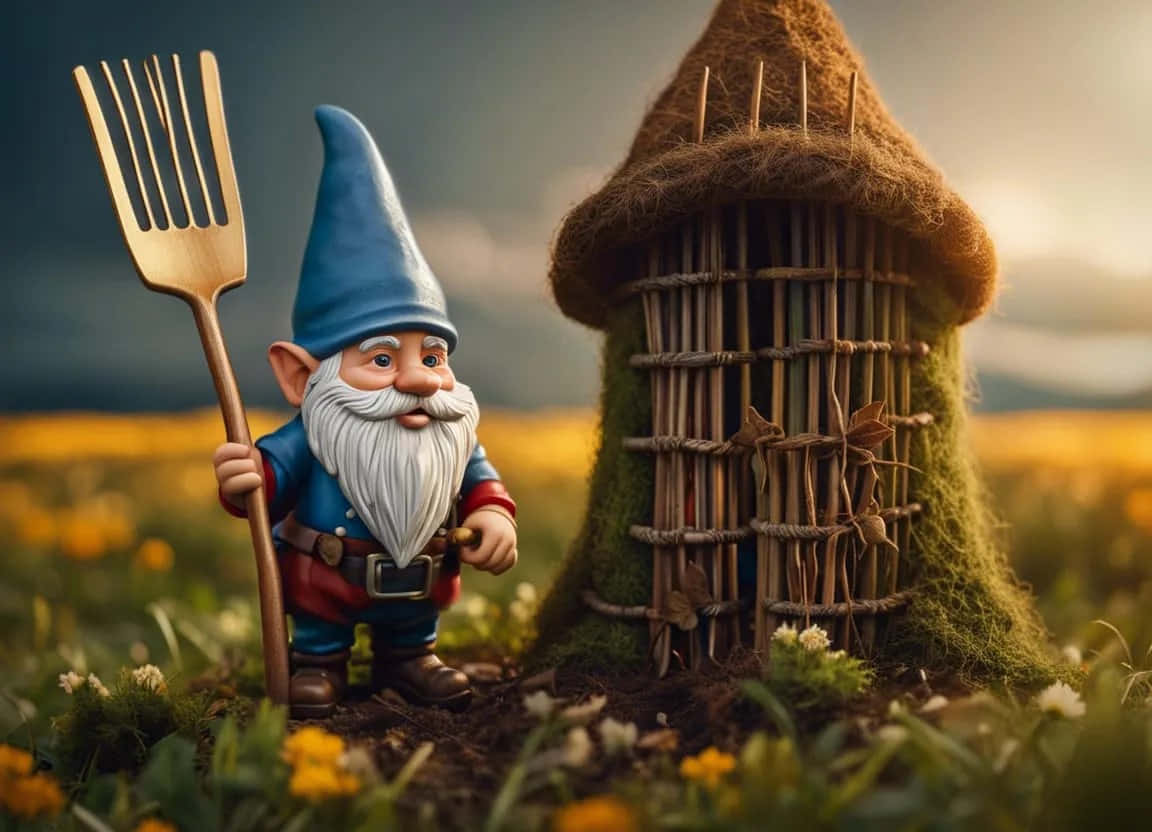 Garden Gnome Beside Fantasy Hut Wallpaper