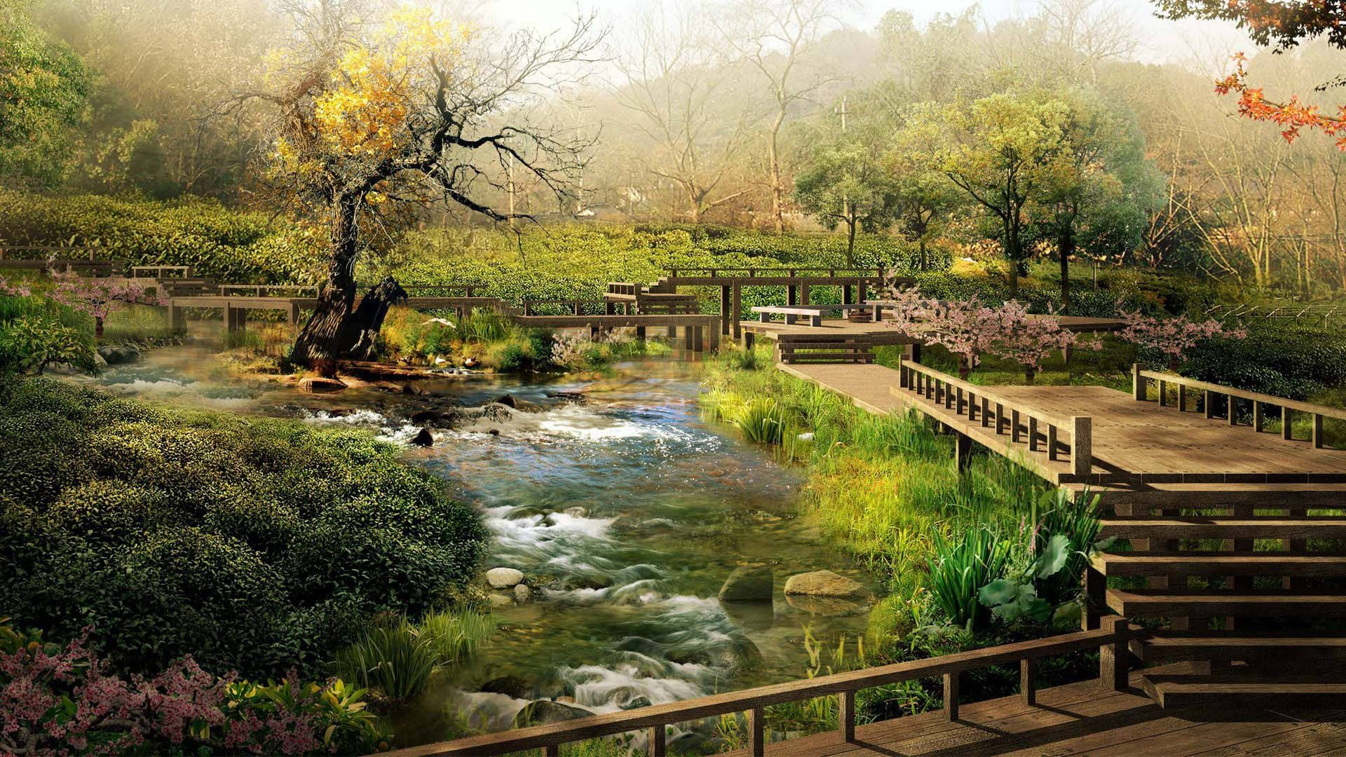 Garden Lake Bridge Japanese Nature Wallpaper