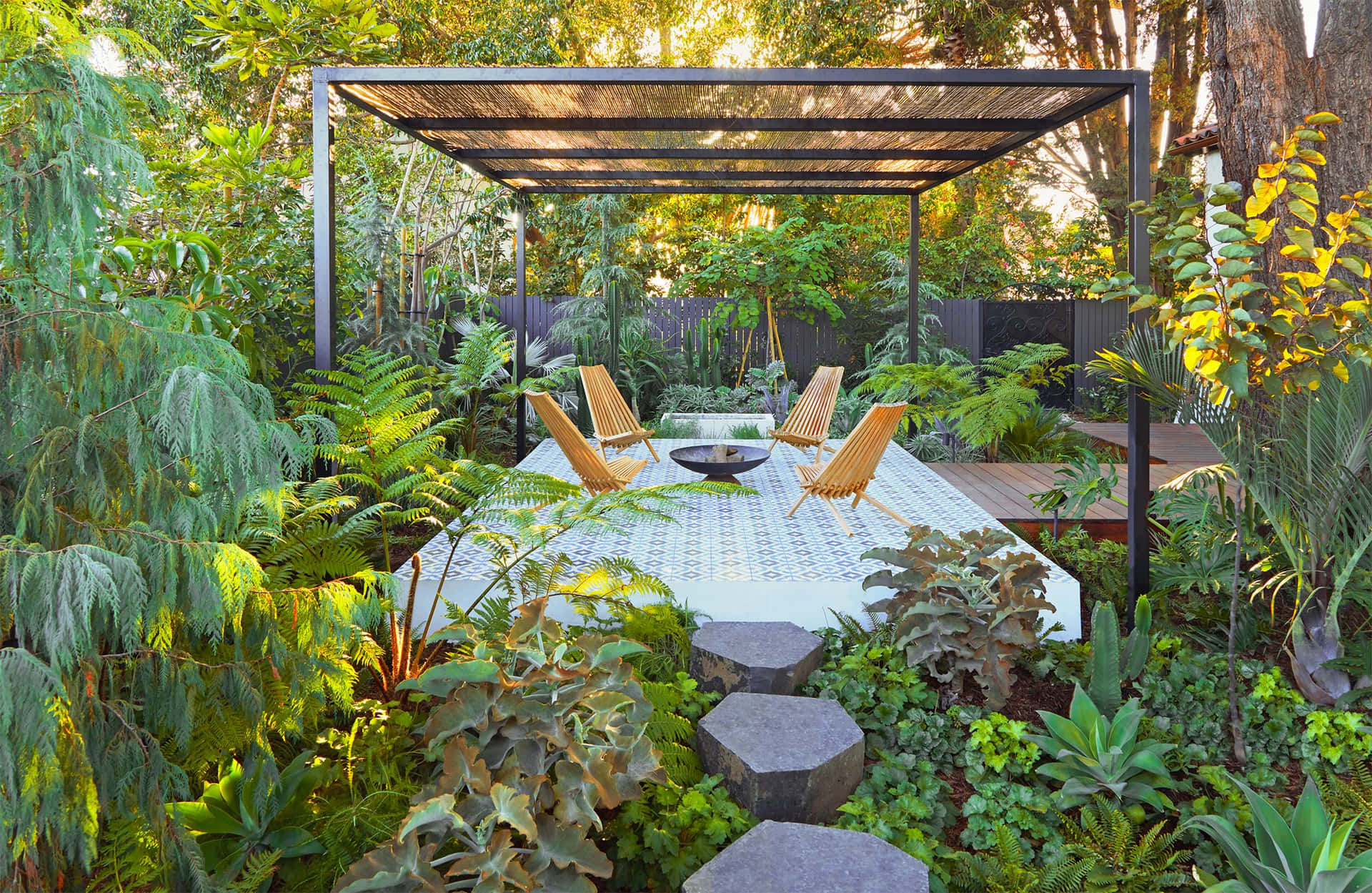 A Backyard With A Pergola And A Lot Of Plants