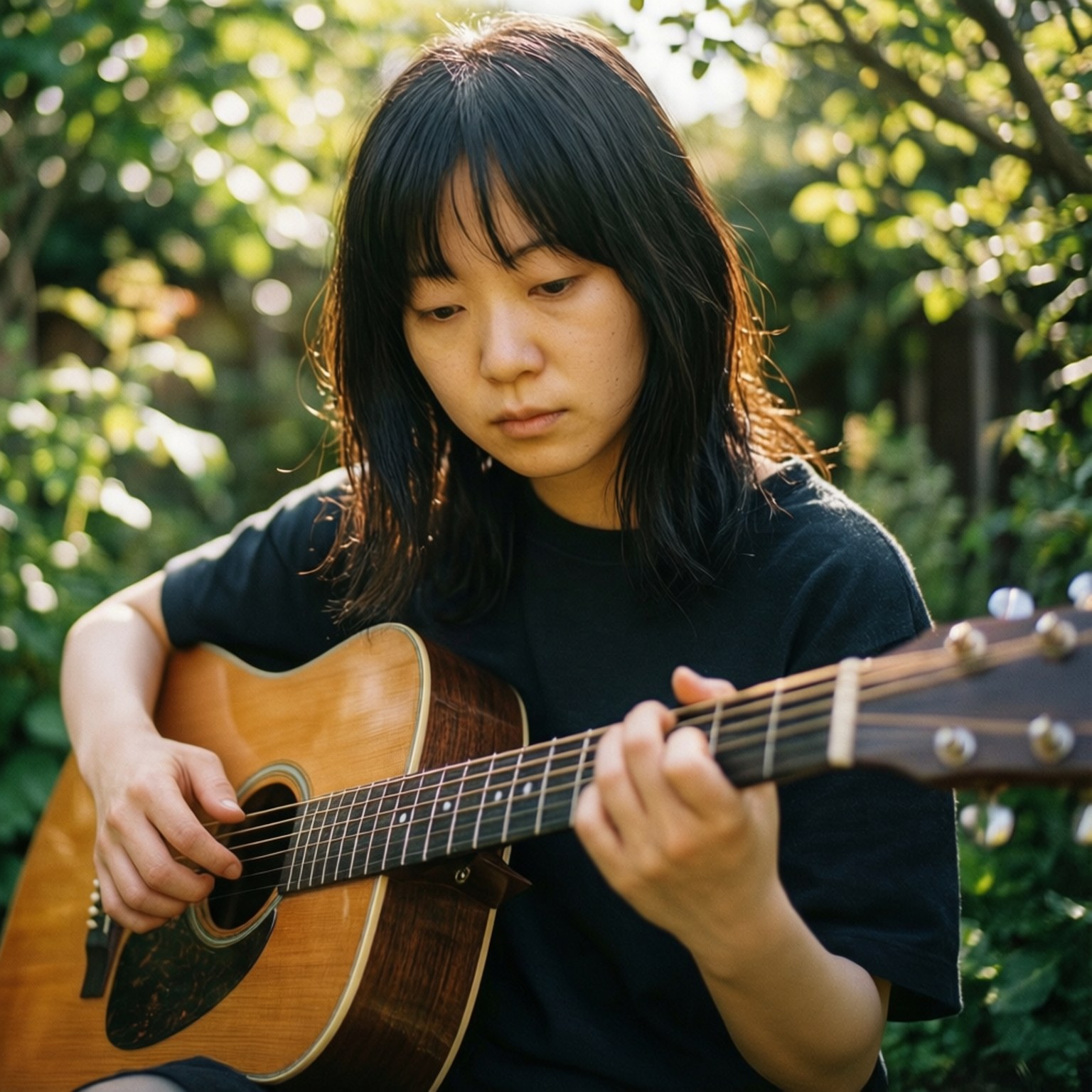 Mitski suona la chitarra acustica in un giardino soleggiato