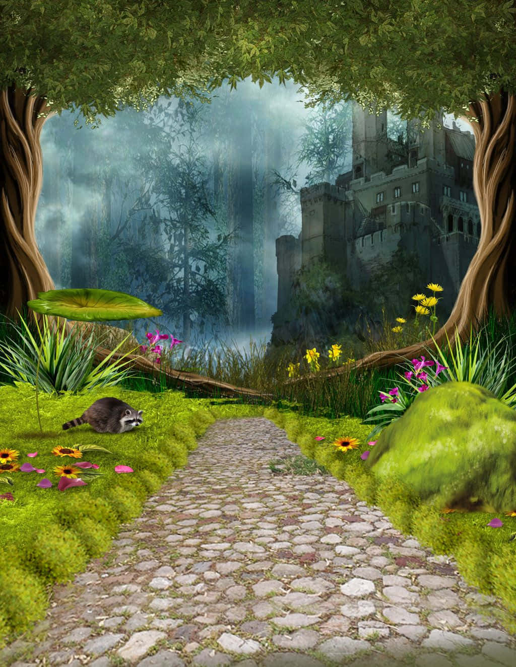 A Fairytale Forest With A Castle And A Path