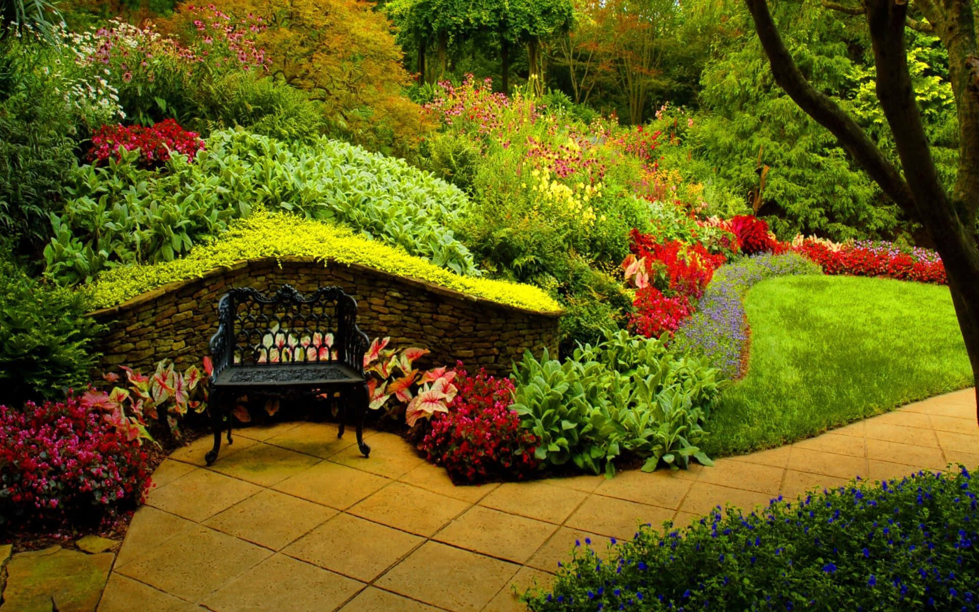 A Bench Is Sitting In A Garden With Flowers