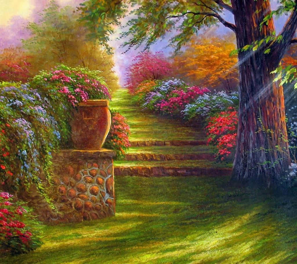 A Painting Of A Garden With Steps And Flowers