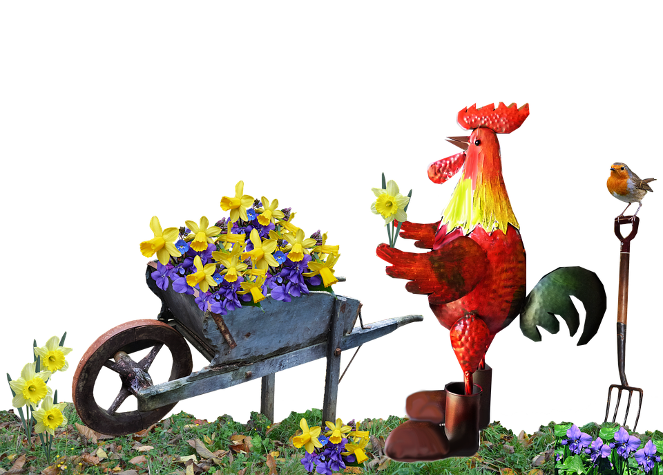 Gardening Roosterwith Flowersand Bird PNG