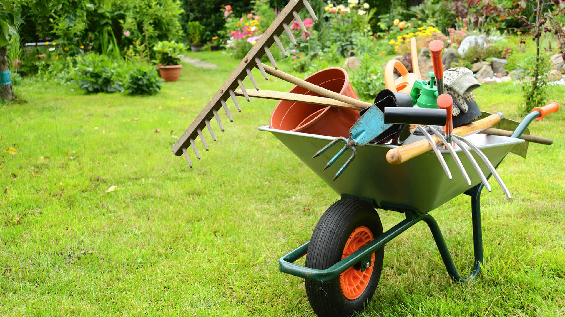 Caption: Enchanting Gardening Tools in Lush Green Backyard Wallpaper