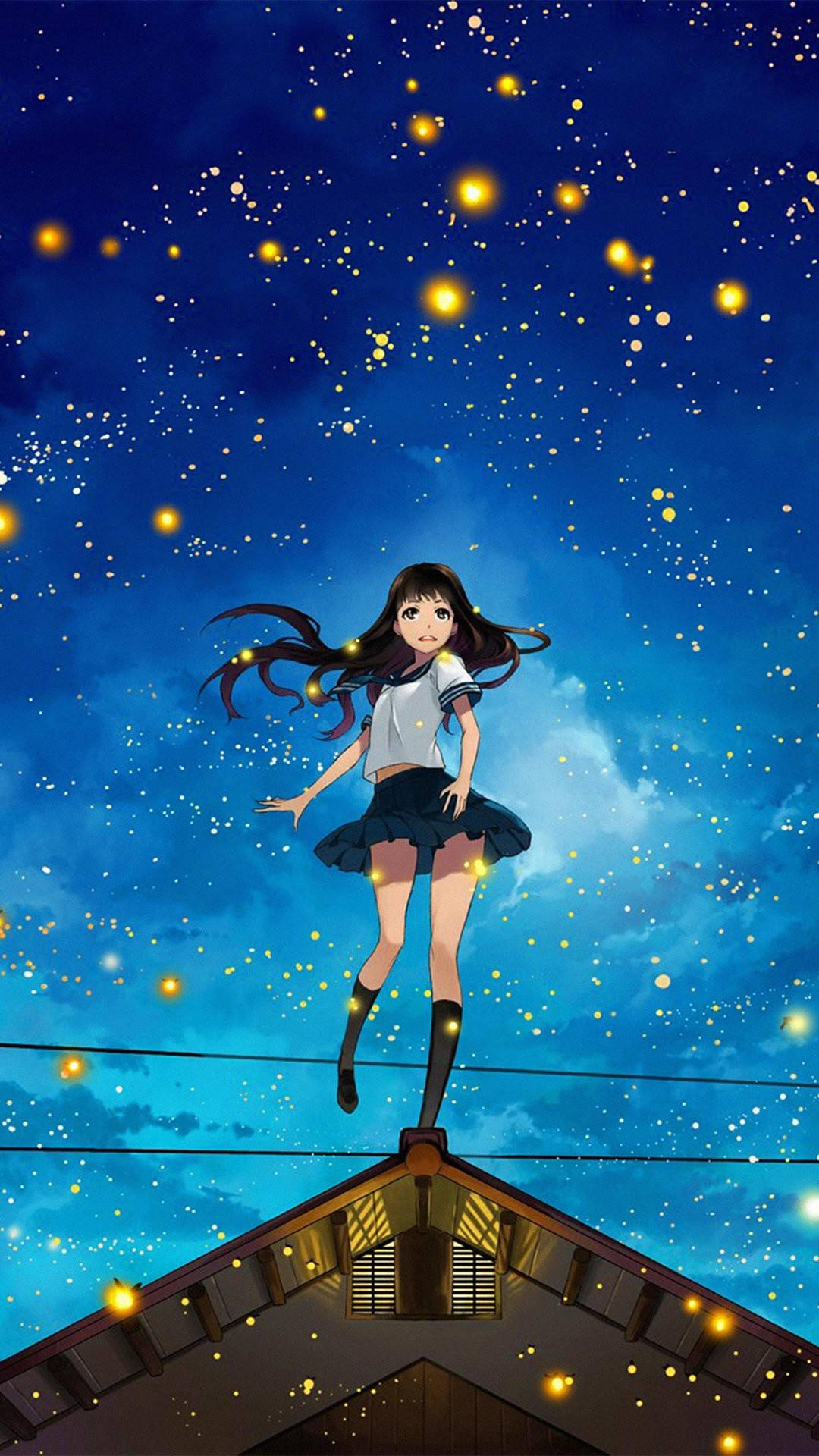 Garota De Anime Estética No Telhado Com Telefone De Vaga-lumes Papel de Parede