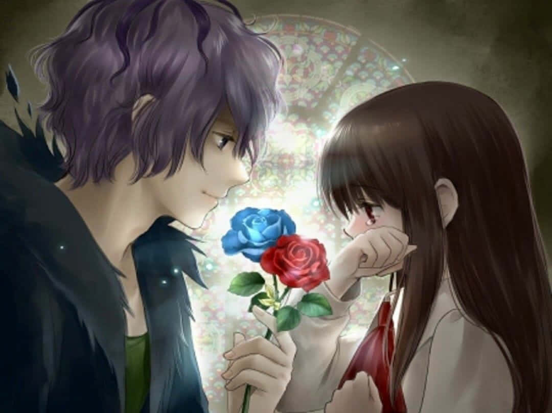 Garrye Ib Con Rosas Azules Y Rojas: Romance Anime. Fondo de pantalla