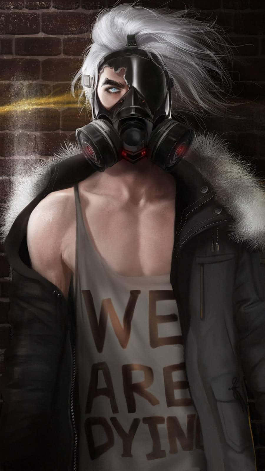 Intense Portrait of a Muscular Young Man Wearing a Gas Mask Wallpaper