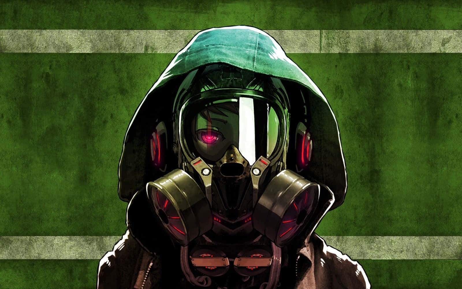 Innovative Teen in Gas Mask and Hoodie Wallpaper