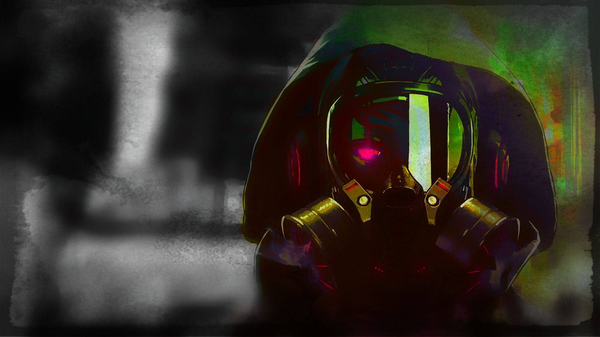 Mysterious Man in Gas Mask and Hoodie Wallpaper