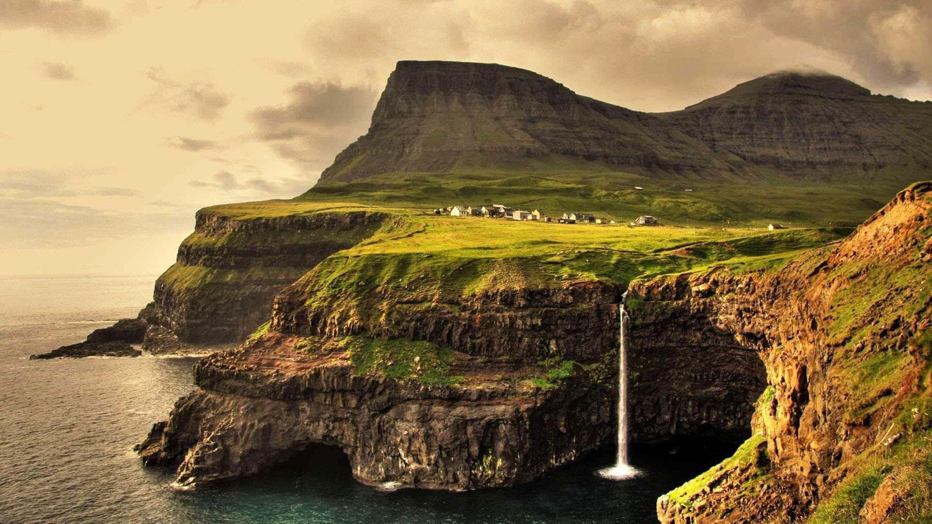 Gasadalur Village Mountain Cliff Faroe Islands Wallpaper