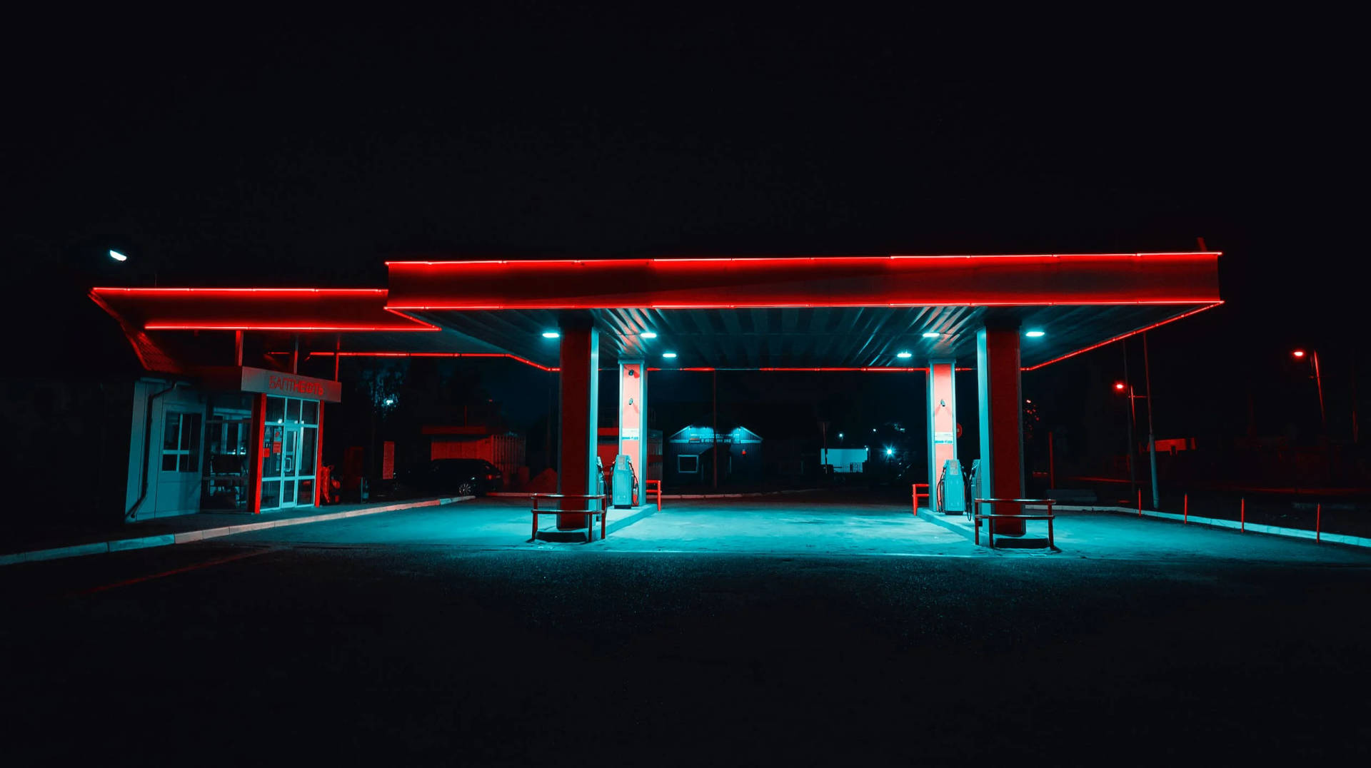 Gasoline Station Night City Wallpaper