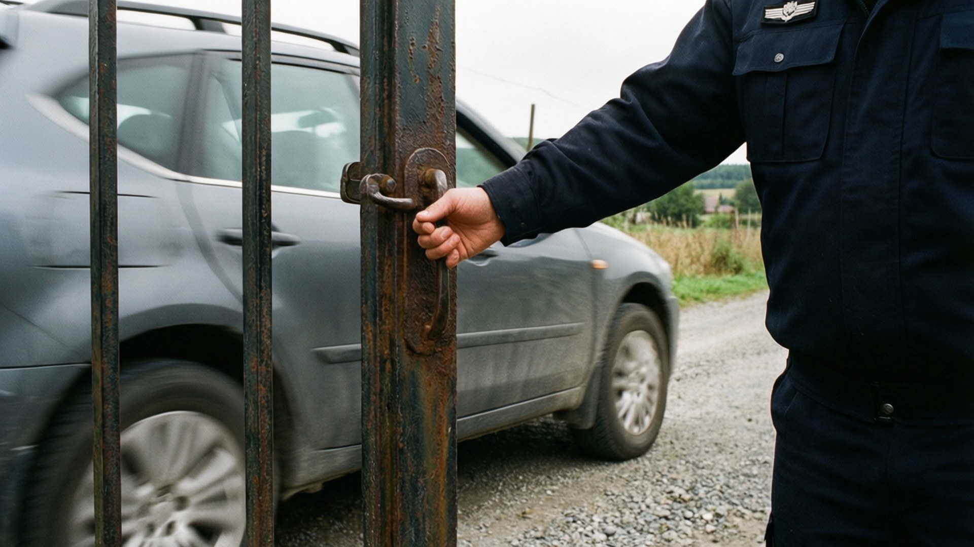 Guarda de segurança abrindo um portão para um carro.