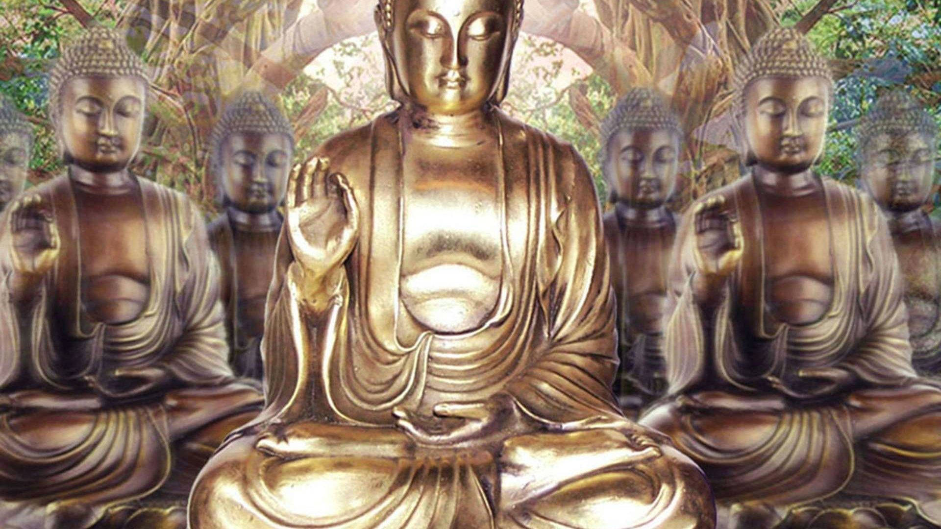 Gautam Buddha Shiny Gold Statues Wallpaper