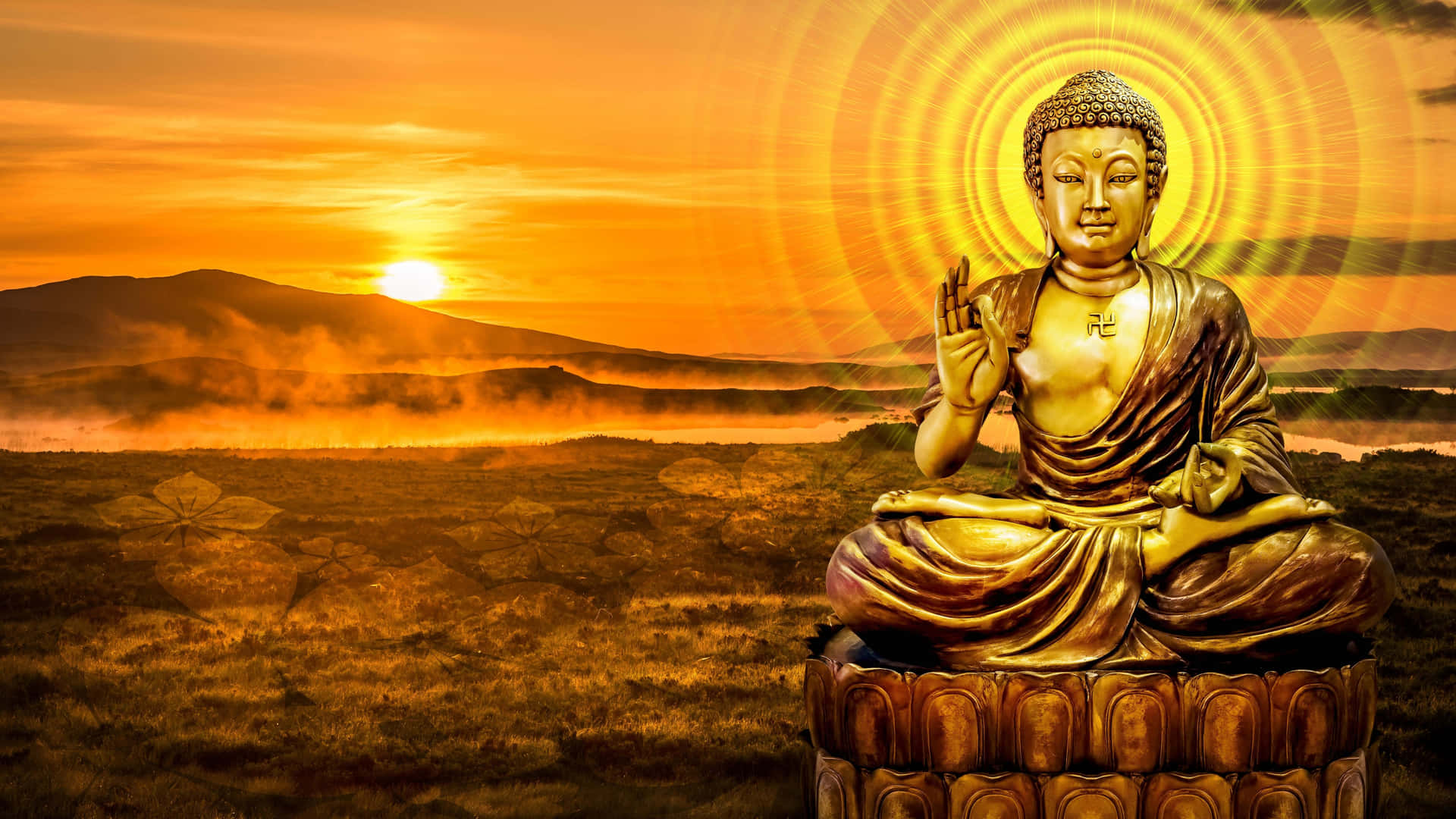 Buddha Statue In The Middle Of A Field With Sunset