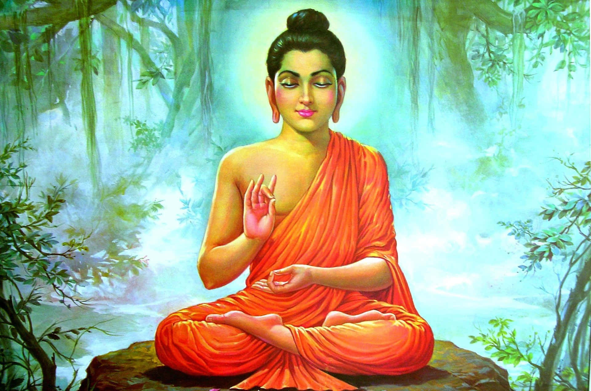 A Painting Of Buddha Sitting In The Forest
