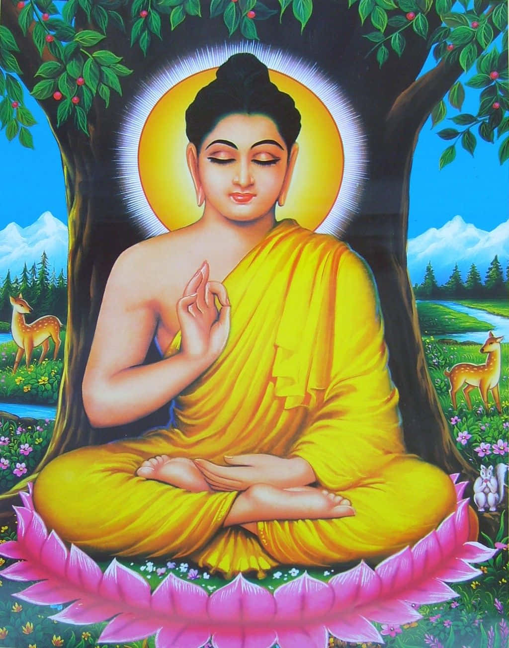 Enmålning Av Buddha Som Sitter Under Ett Träd